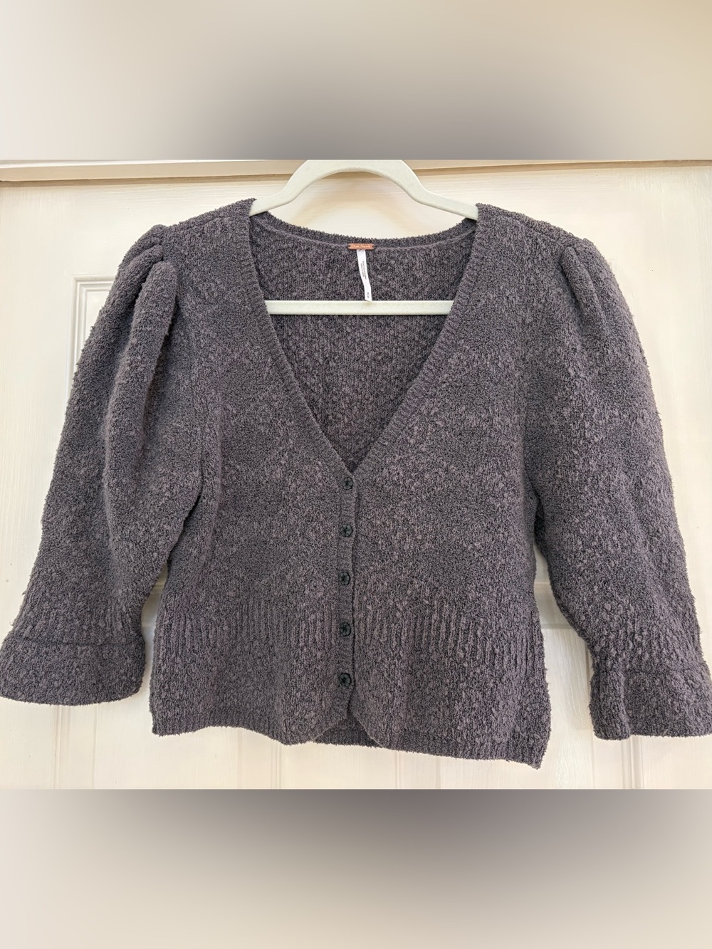 Free People Charcoal Puff-Sleeve V-Neck Button Cardigan